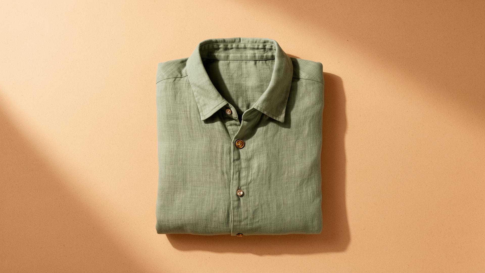 Sage linen button-up shirt, folded on warm sand background